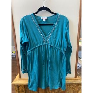 Blue Sky Teal Blue Embroidered V-Neck Empire Waist Tunic Top Womens XL